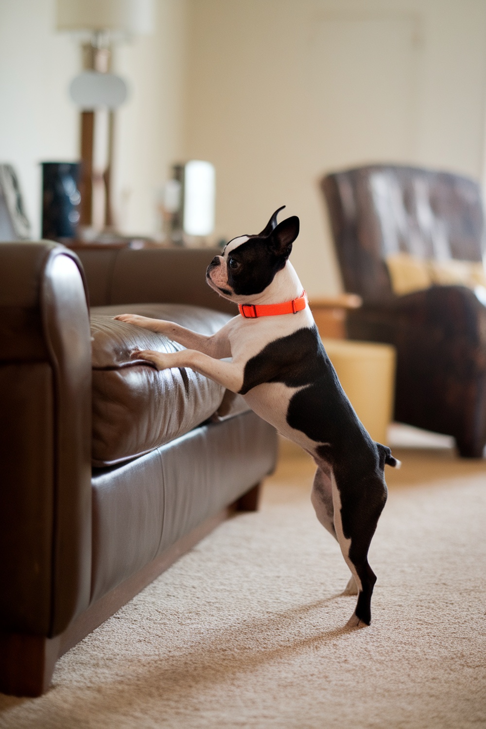 A Boston Terrier attempting to climb onto a couch, showcasing its playful nature.