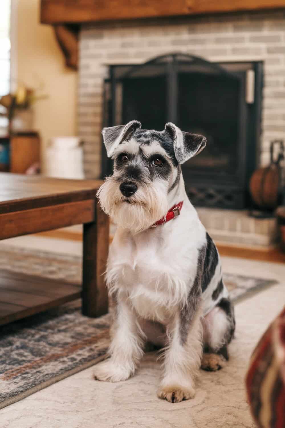 A Miniature Schnauzer mix sitting in a cozy living room.