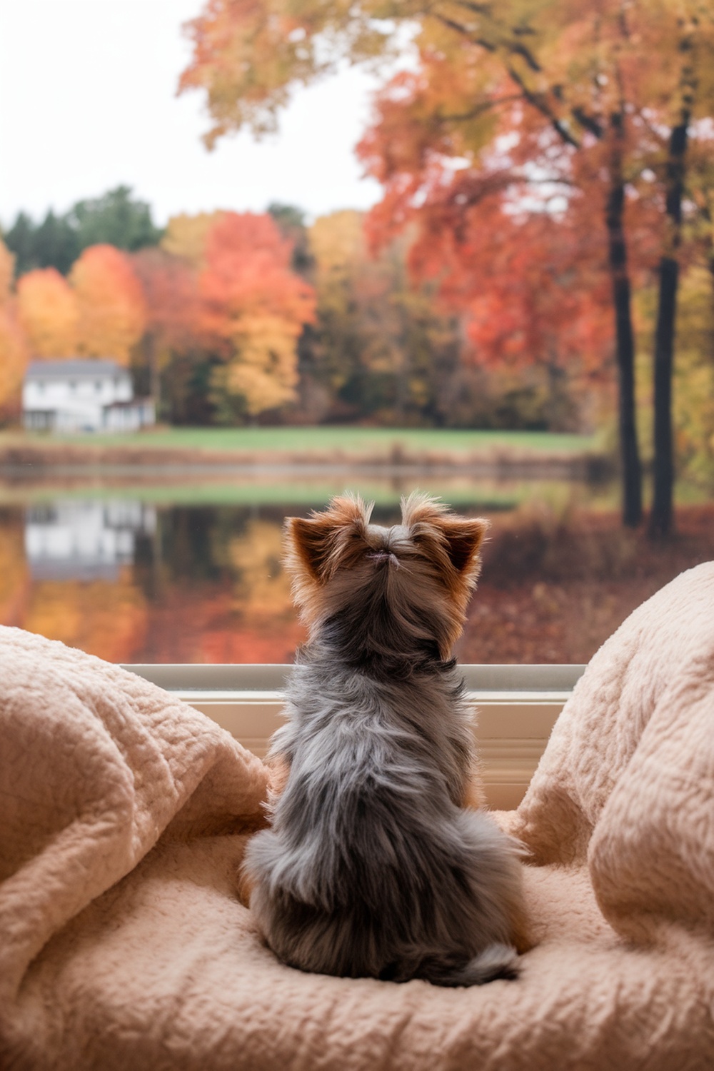 A Yorkie Poo puppy sitting in a cozy window seat, looking out at colorful autumn trees.