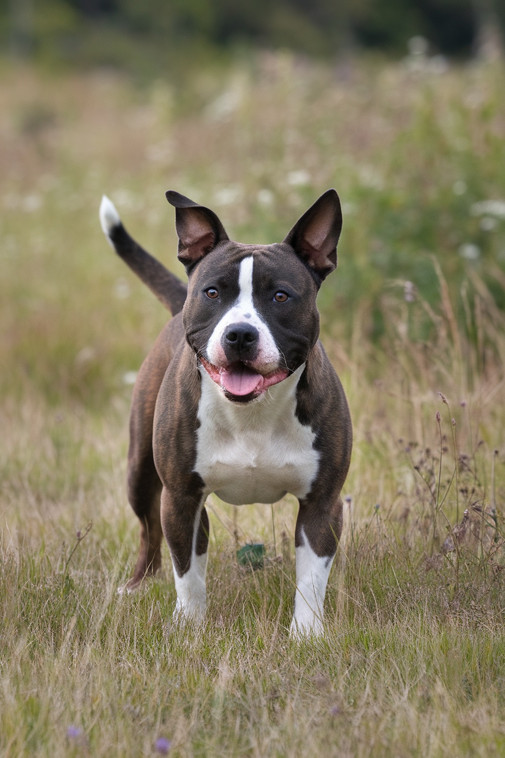 A Staffordshire Bull Terrier standing in a field, looking happy and alert.