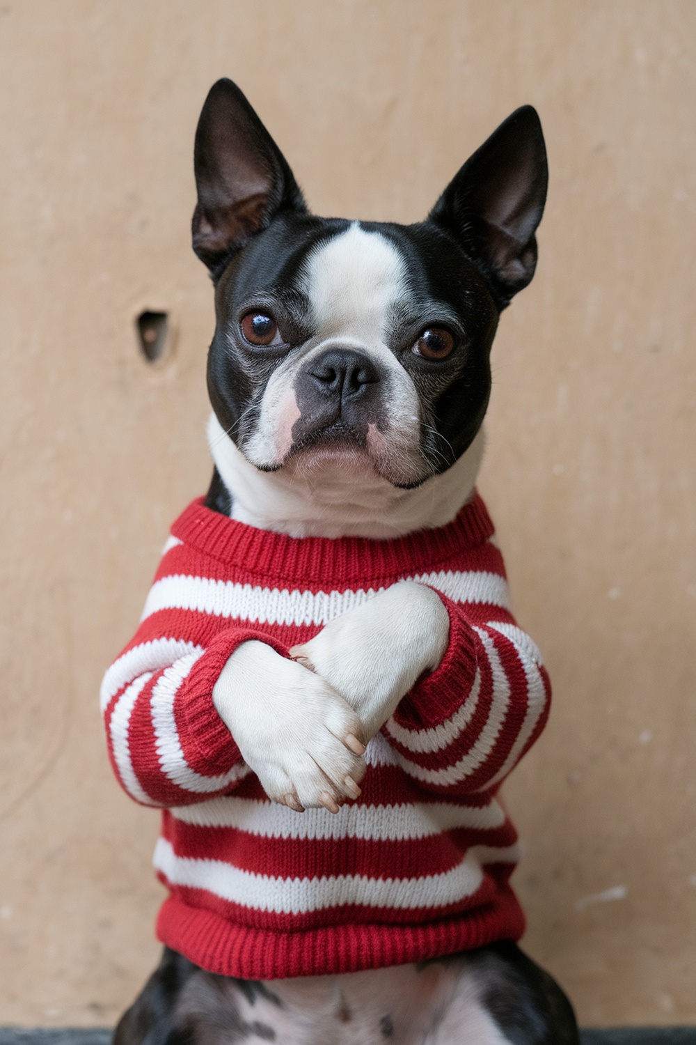 A Boston Terrier wearing a red and white striped sweater, sitting with a sassy expression.