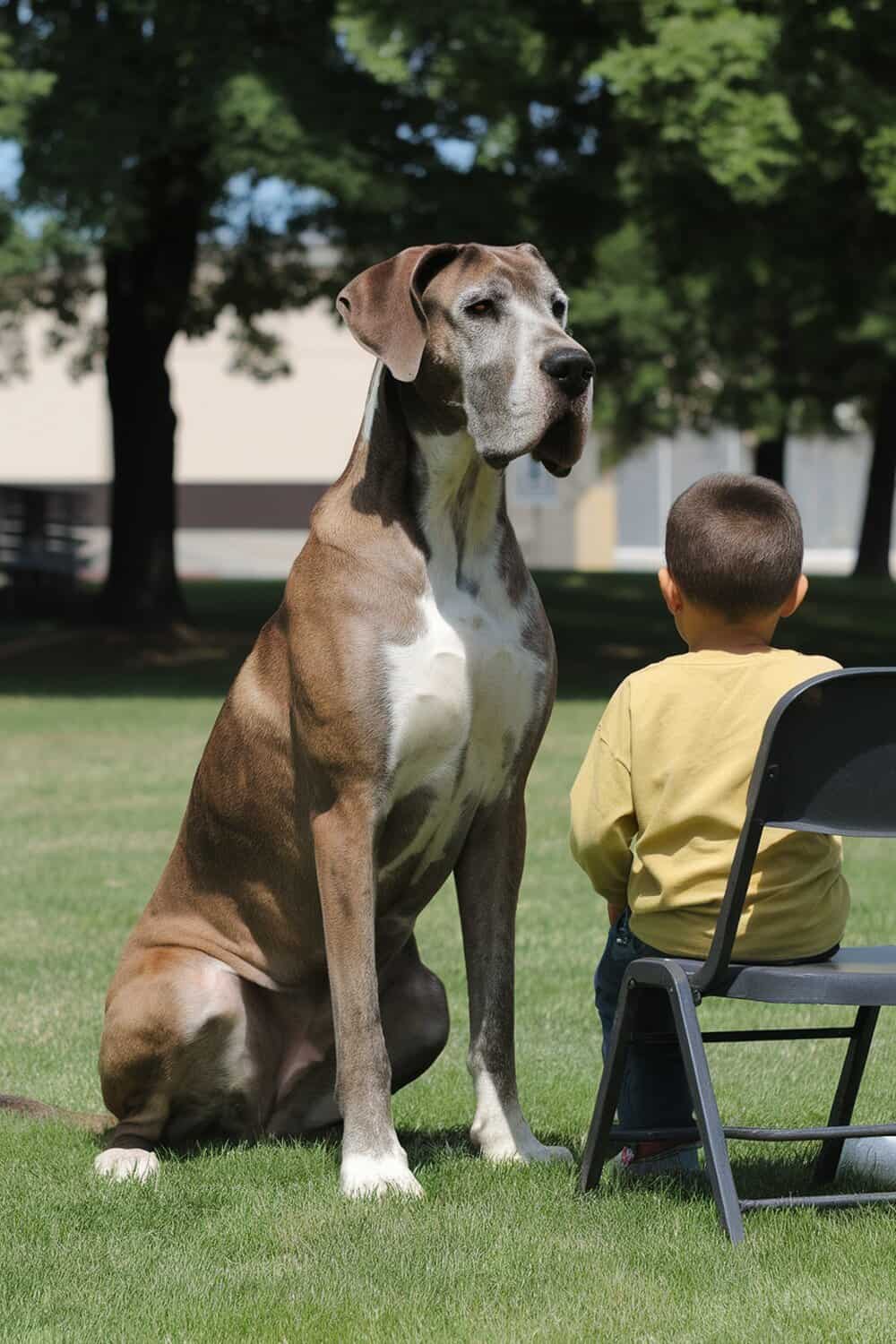 A Great Dane sitting next to a child in a park.