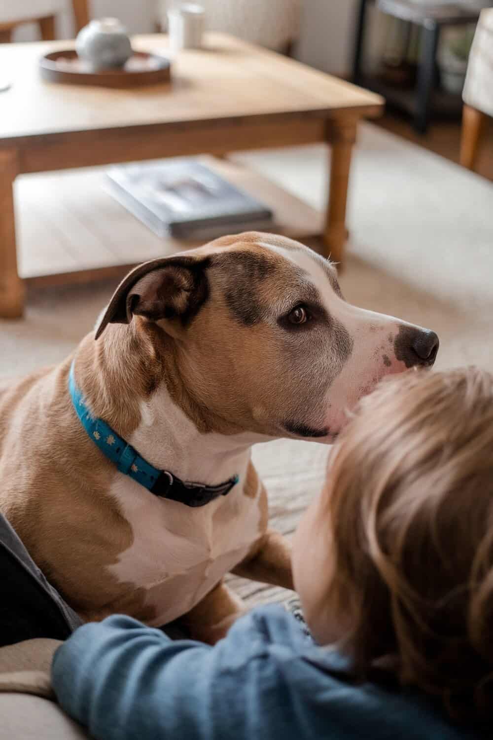 A close-up of a brown and white American Pit Bull Terrier mix sitting next to a child.