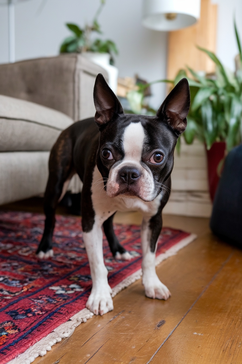 A Boston Terrier standing on a rug in a cozy living room.
