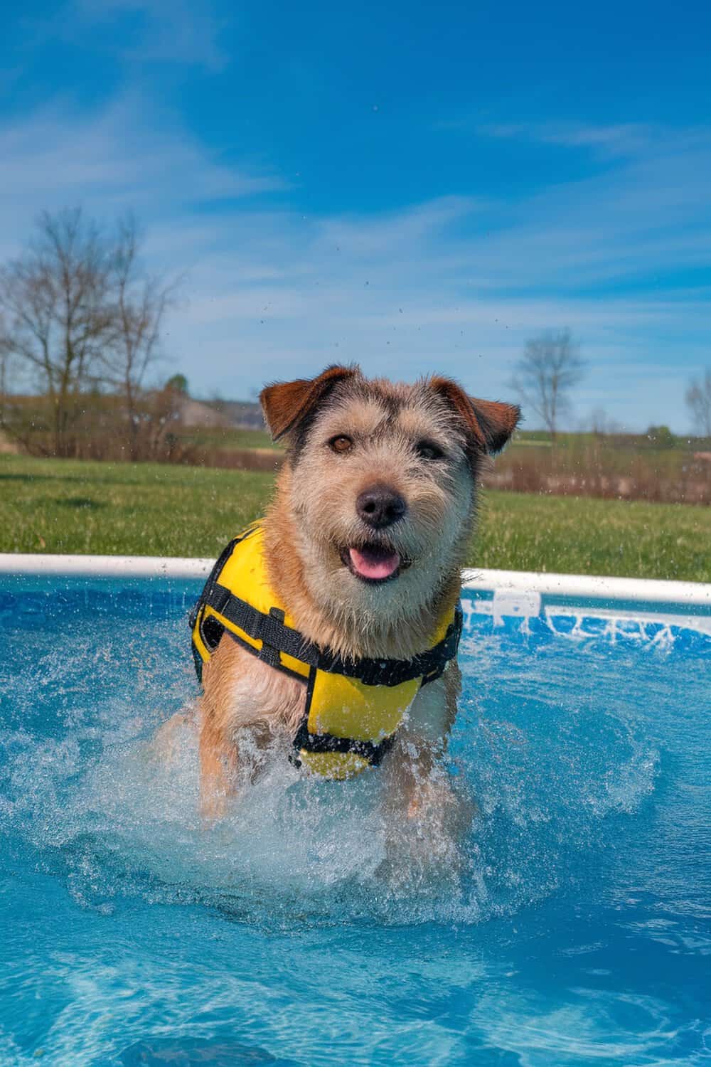 A happy Terrier mix dog wearing a life jacket, splashing in a pool under a clear blue sky.