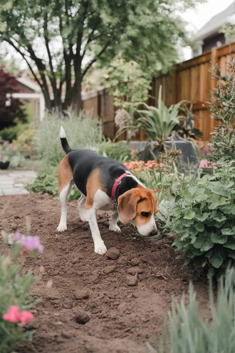 A Beagle Terrier mix dog exploring a garden.