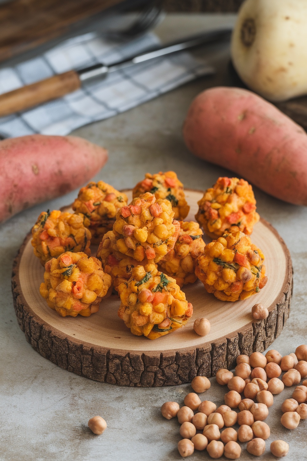 Homemade chickpea and sweet potato dog treats on a wooden plate.