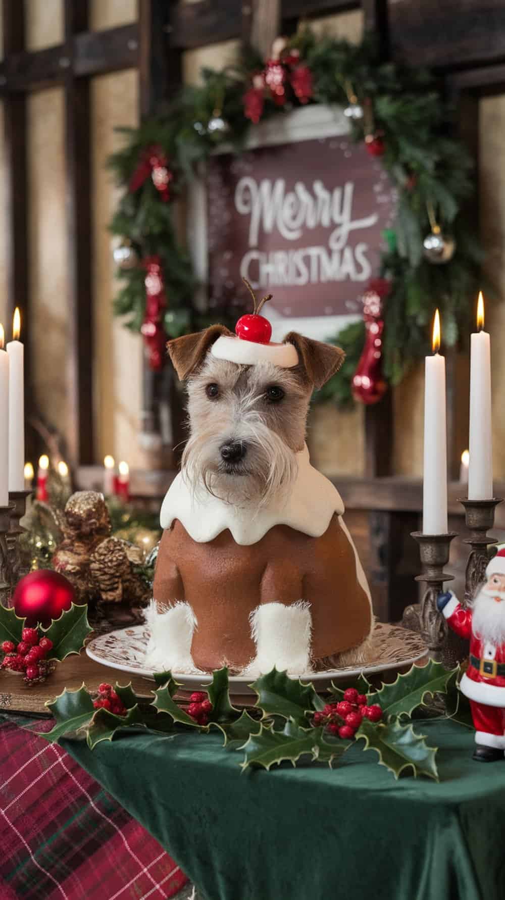 A terrier dog dressed in a holiday pudding costume with a cherry on top, surrounded by Christmas decorations.
