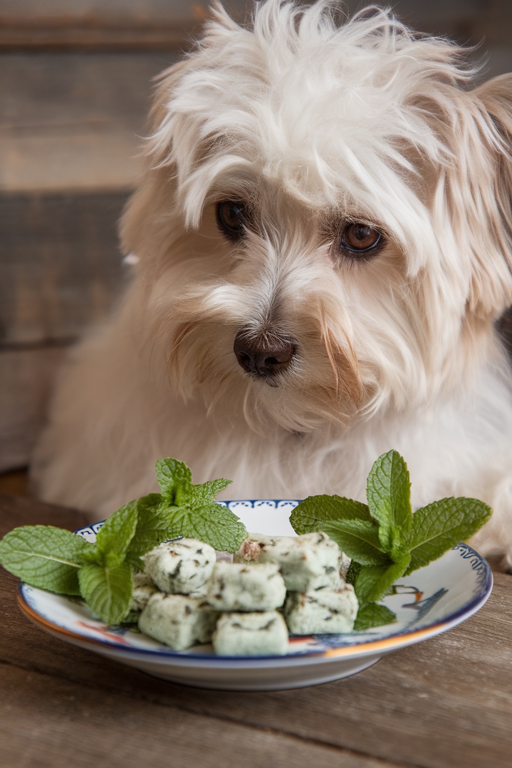 A fluffy terrier looking at a plate of minty dog treats surrounded by fresh mint leaves.