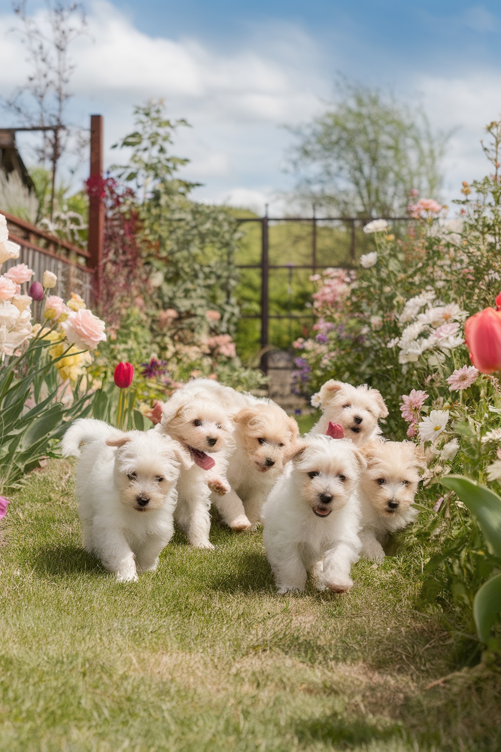 A group of playful Westie puppies running in a sunny garden filled with flowers.