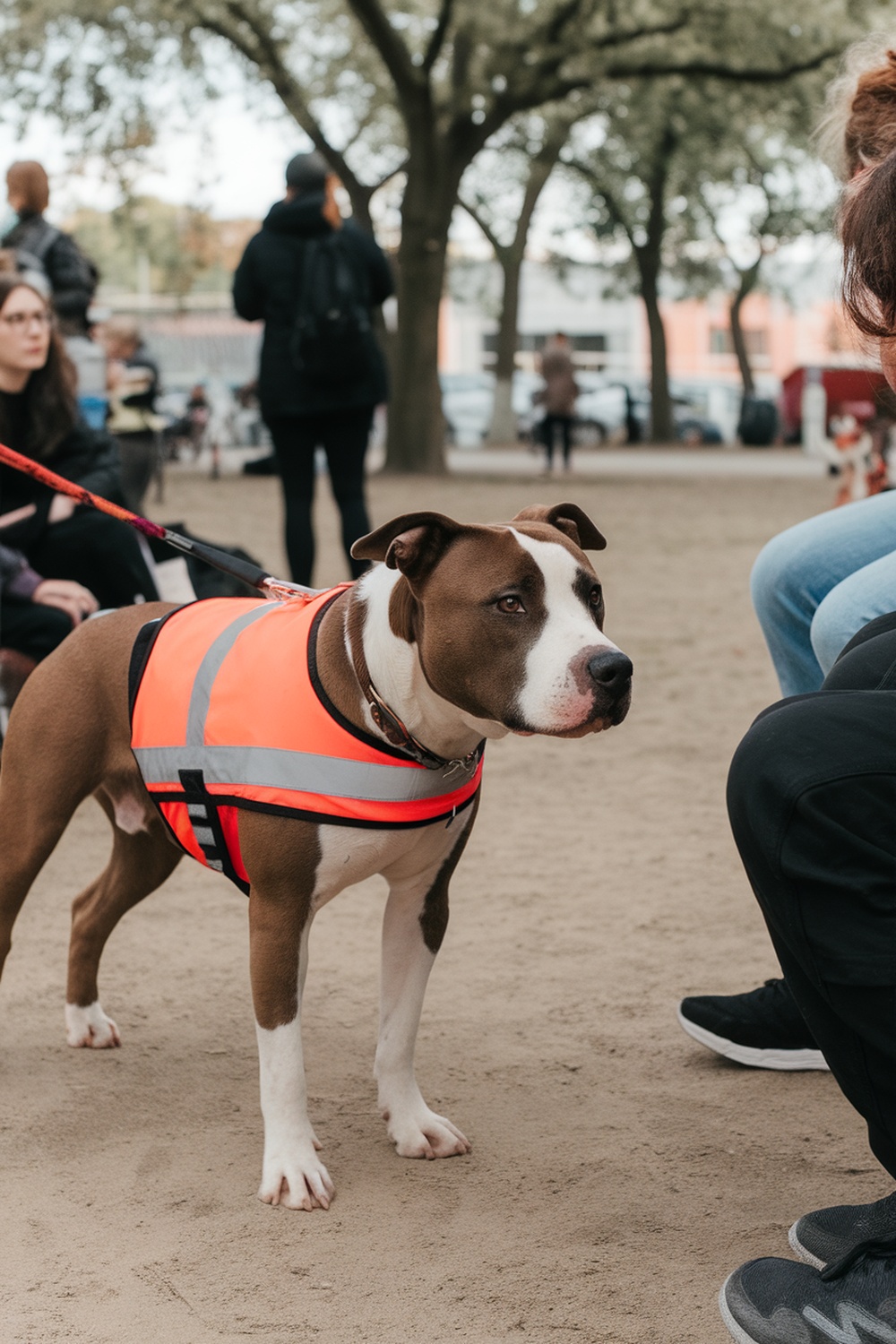 A pitbull wearing a reflective vest in a park, looking around while on a leash.