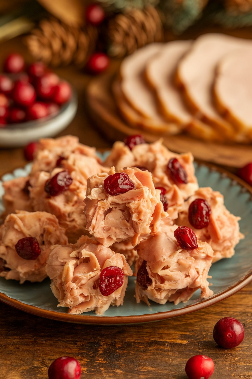 A plate of homemade turkey and cranberry dog treats.