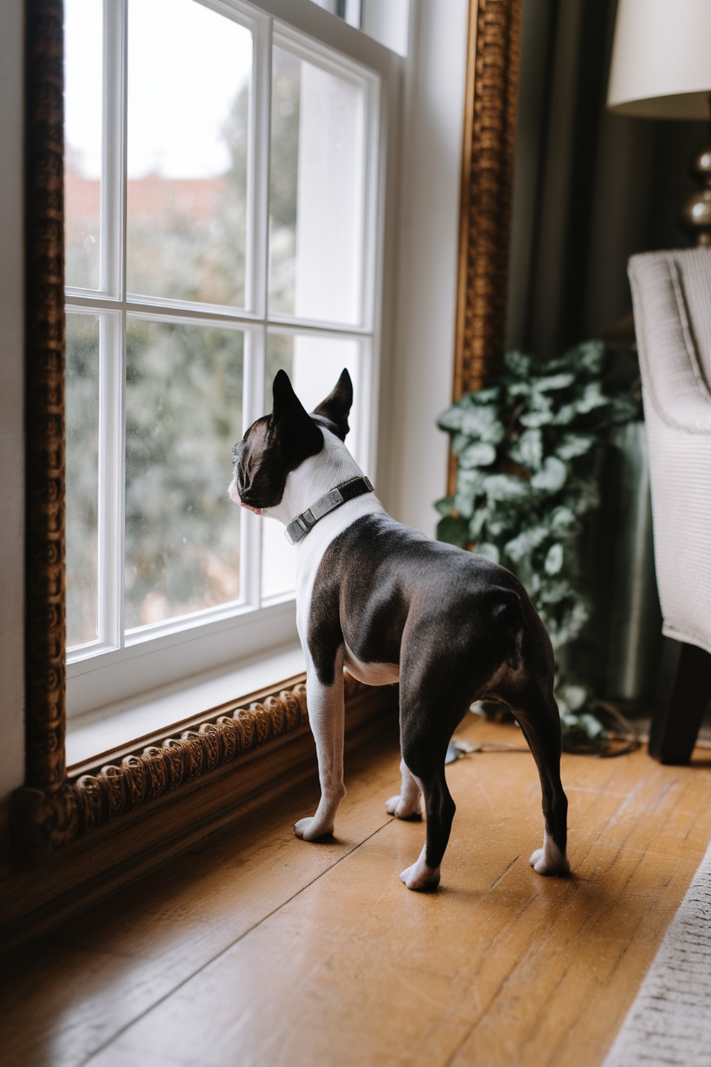 A Boston Terrier standing by a window, looking outside.