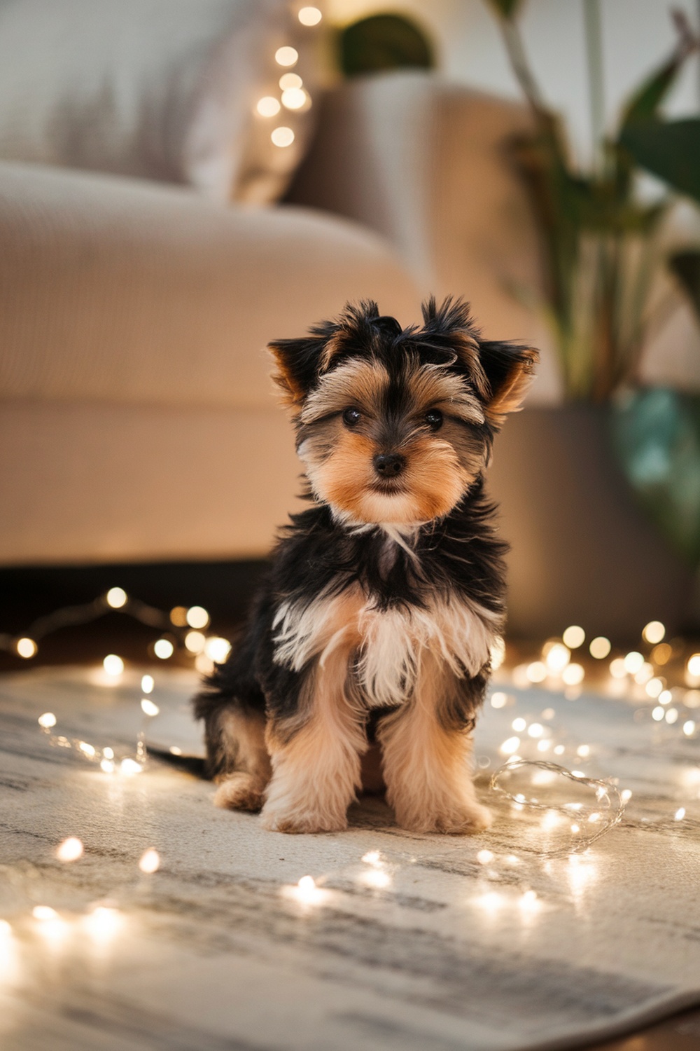 A Yorkie Poo puppy sitting on a rug surrounded by fairy lights.