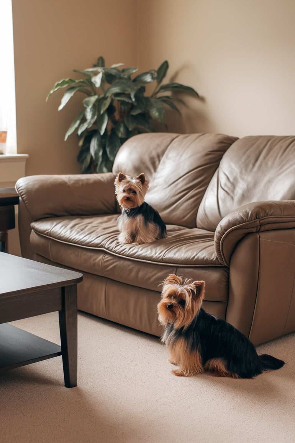 Two Yorkshire Terriers sitting on a couch, showcasing size differences.