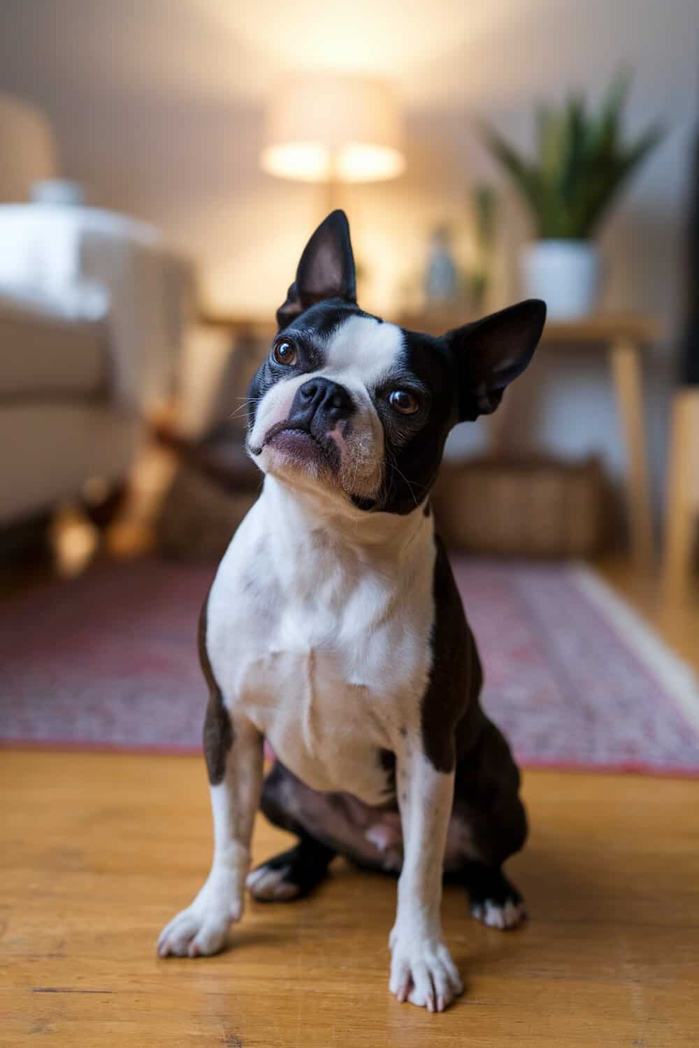 A Boston Terrier with a head tilt, looking curious and adorable.