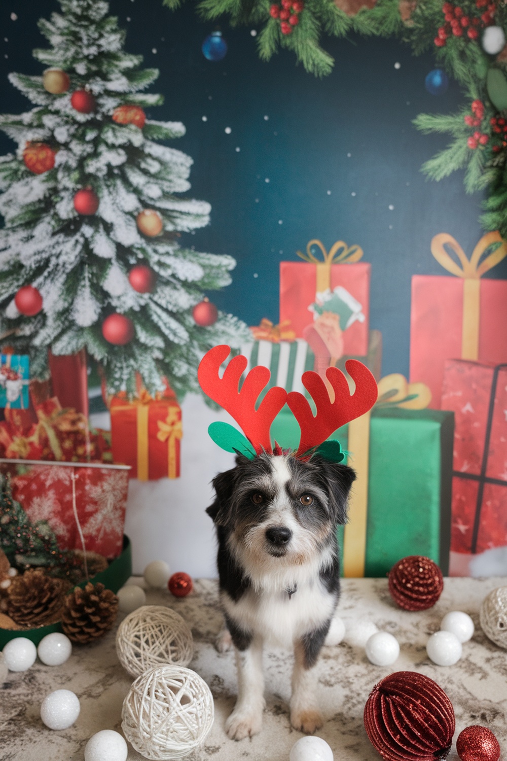 A dog wearing reindeer antlers in a festive holiday setting with a Christmas tree and presents.