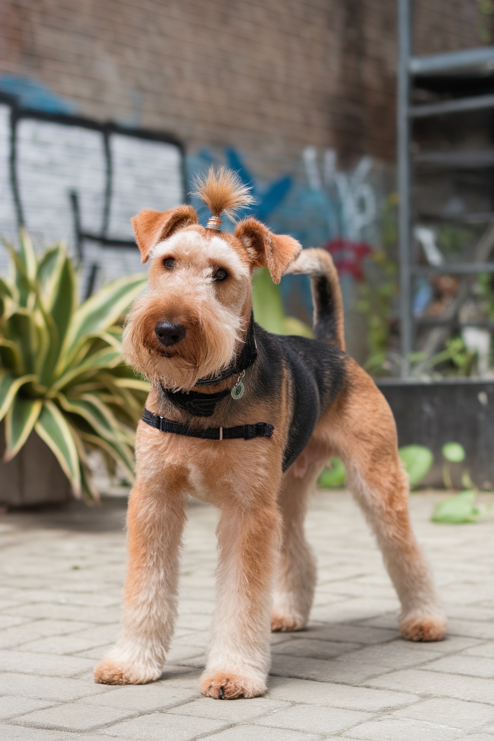 Airedale Terrier with a distinctive mohawk hairstyle standing outdoors.