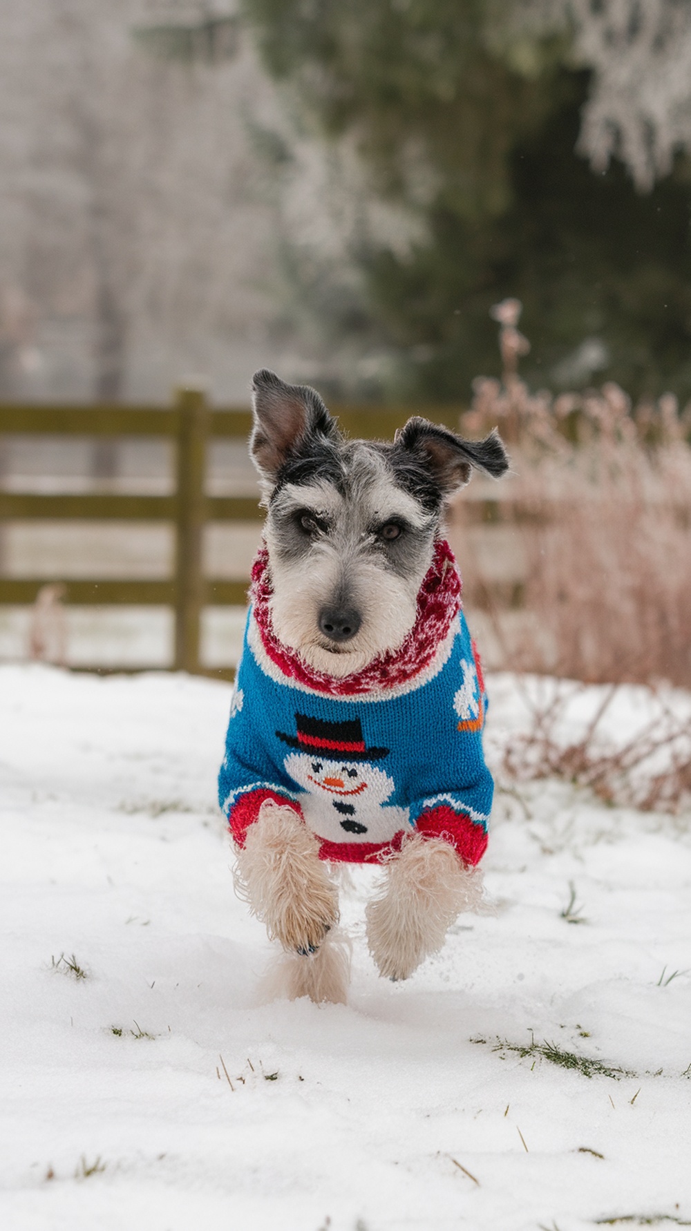 A terrier dog wearing a colorful snowman-themed sweater, running in the snow.