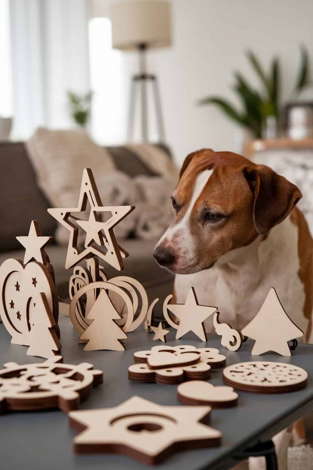 A dog observing wooden Christmas decorations on a table.