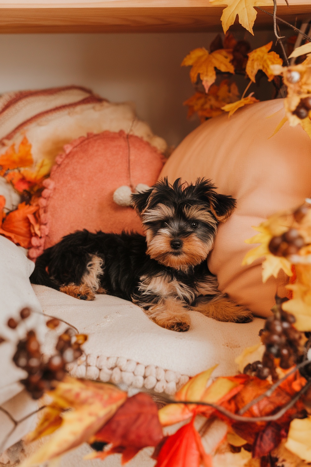 A cozy Yorkie Poo puppy resting among pillows and autumn leaves.