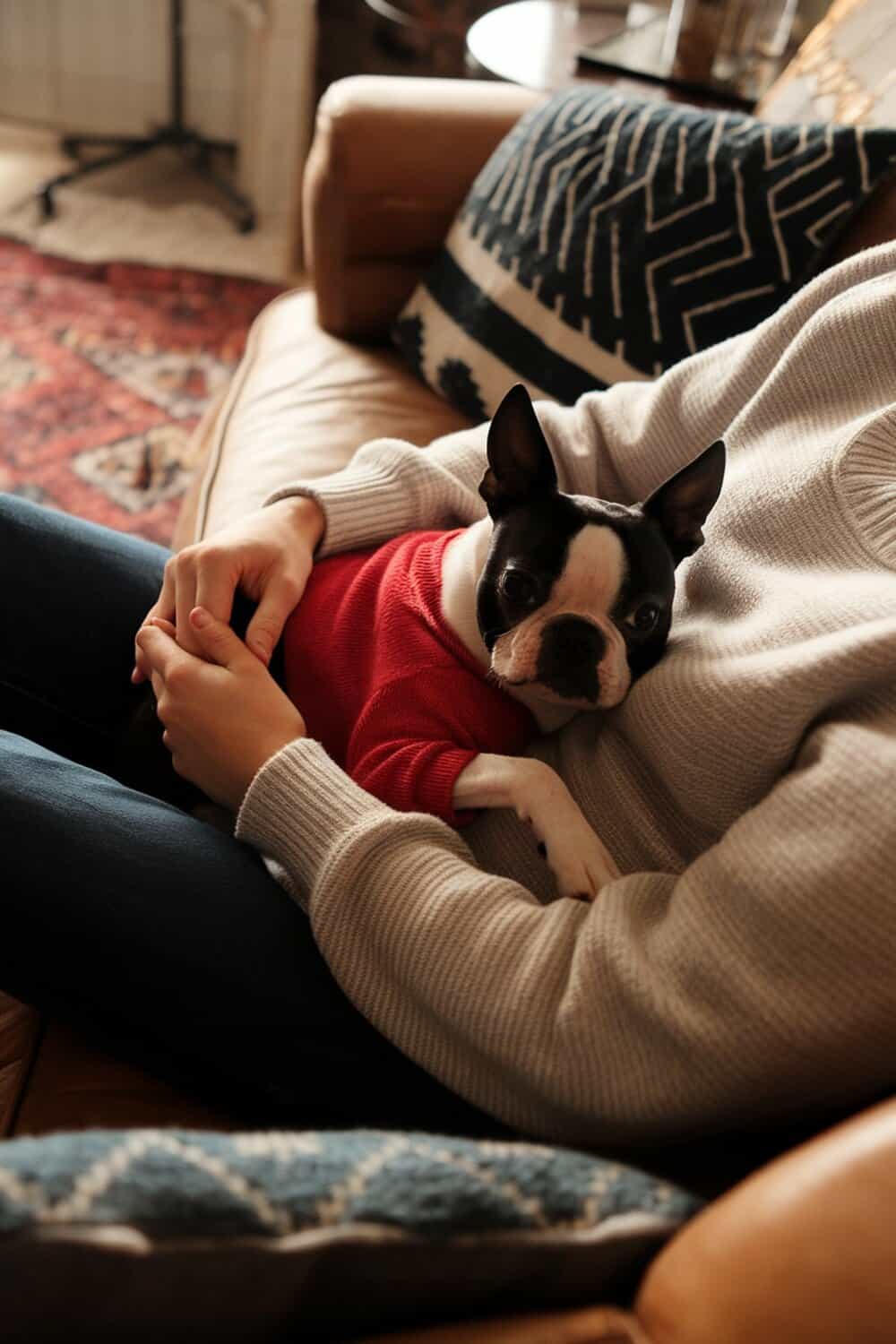 A Boston Terrier snuggled in a person's arms, showcasing its affectionate nature.