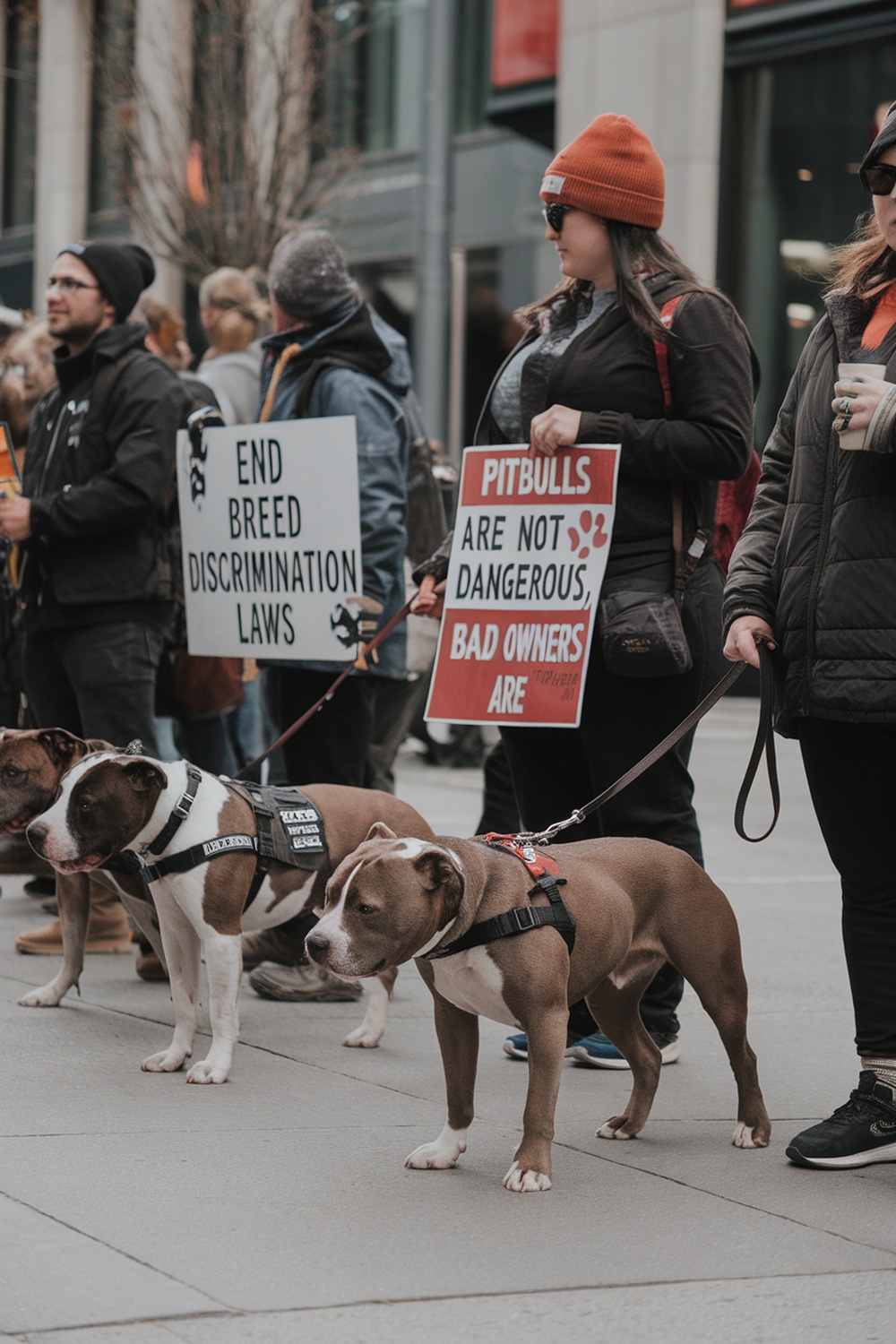 A group of people holding signs advocating against breed discrimination laws, with pitbulls present.