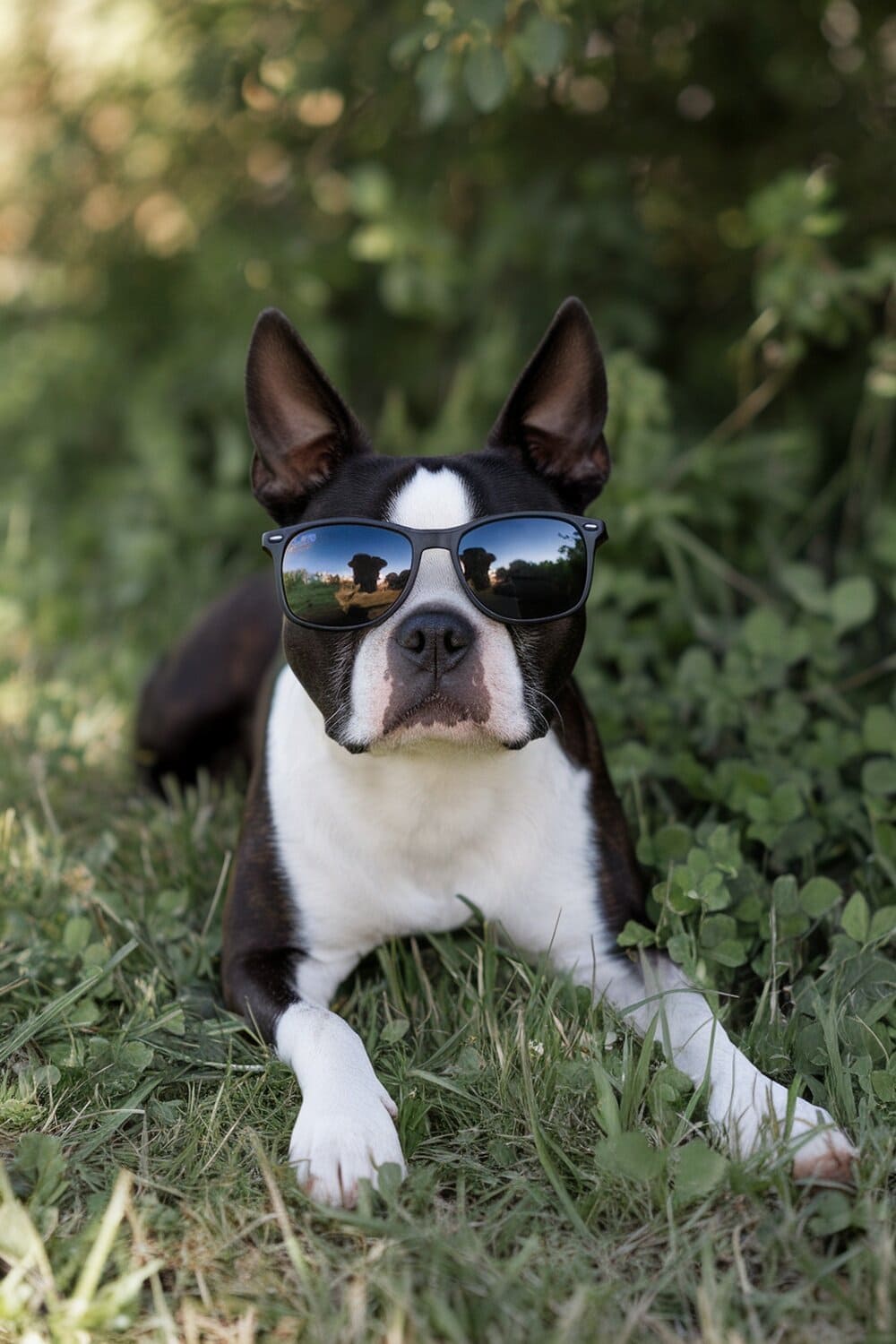 A Boston Terrier wearing sunglasses, lying on the grass.
