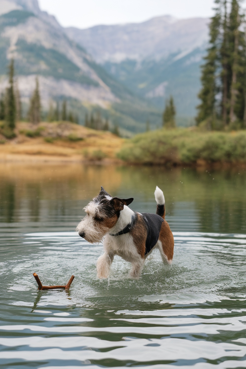 A Terrier dog playing in water with a stick in a scenic outdoor setting.