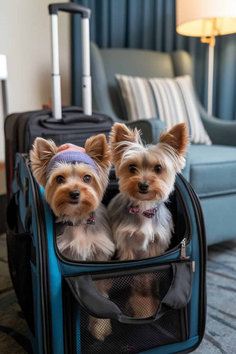 Two Yorkies in a travel bag, ready for a trip.