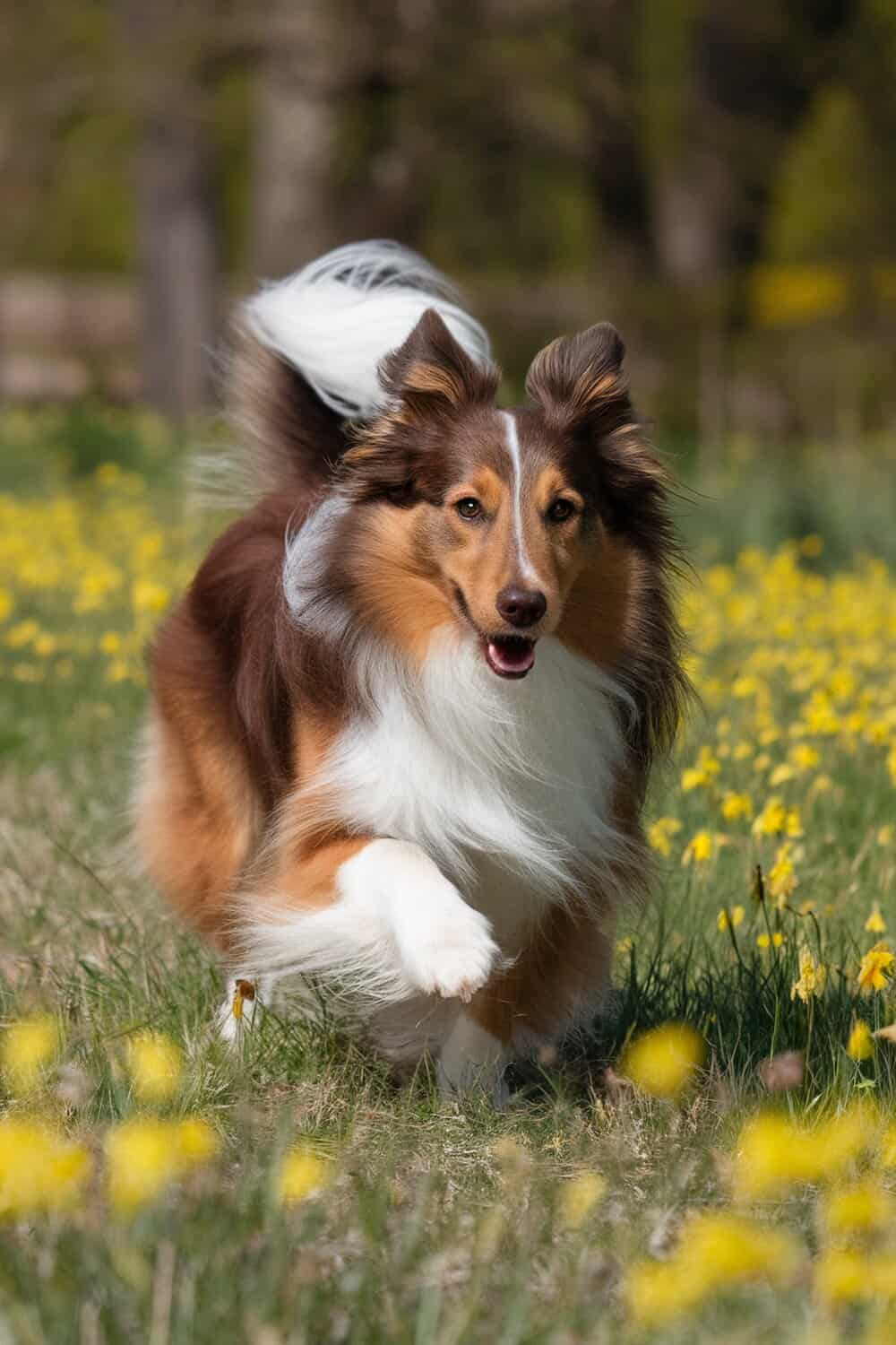 A Sheltie running playfully through a field of yellow flowers.