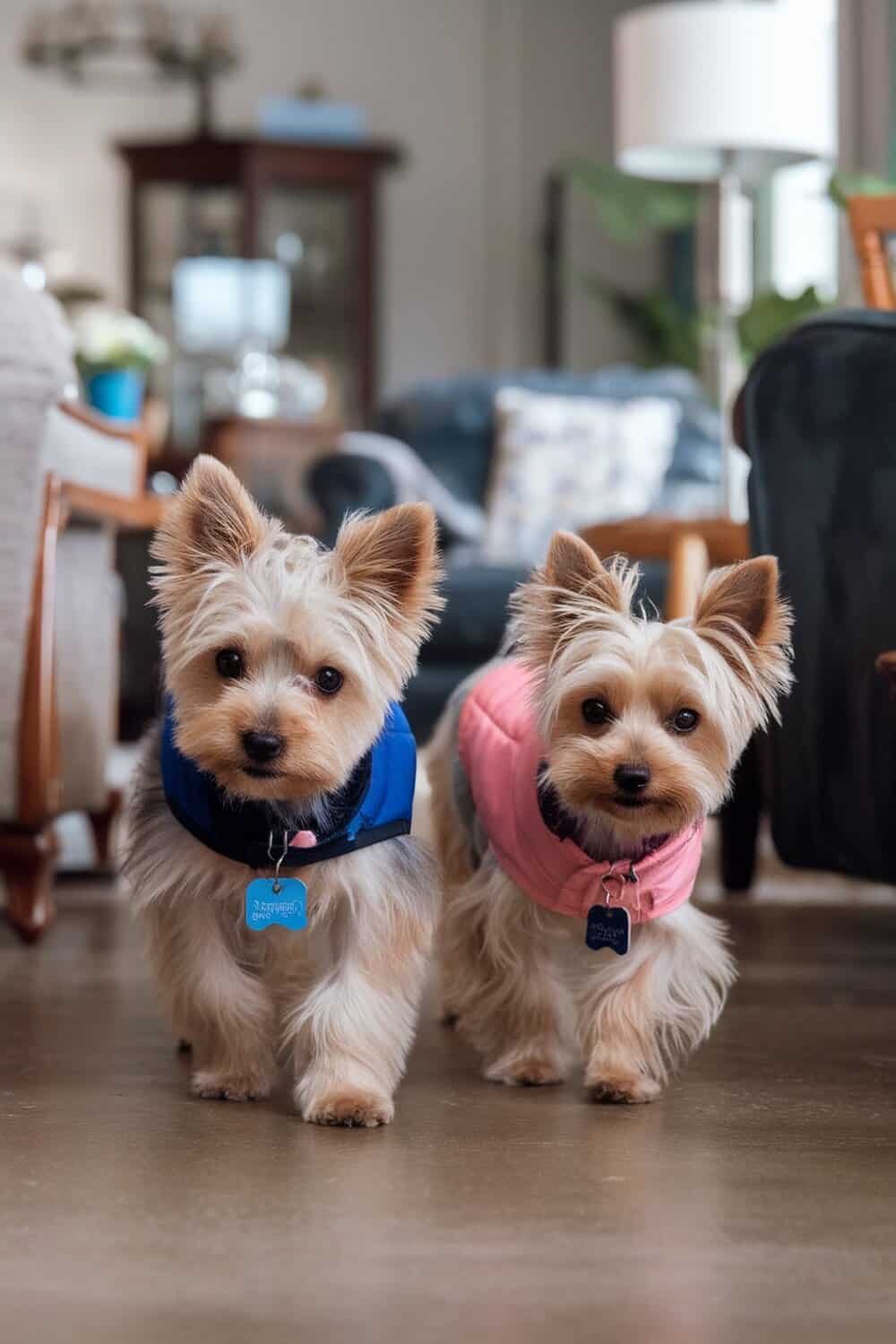 Two Yorkies, one in a blue coat and the other in a pink coat, walking together indoors.