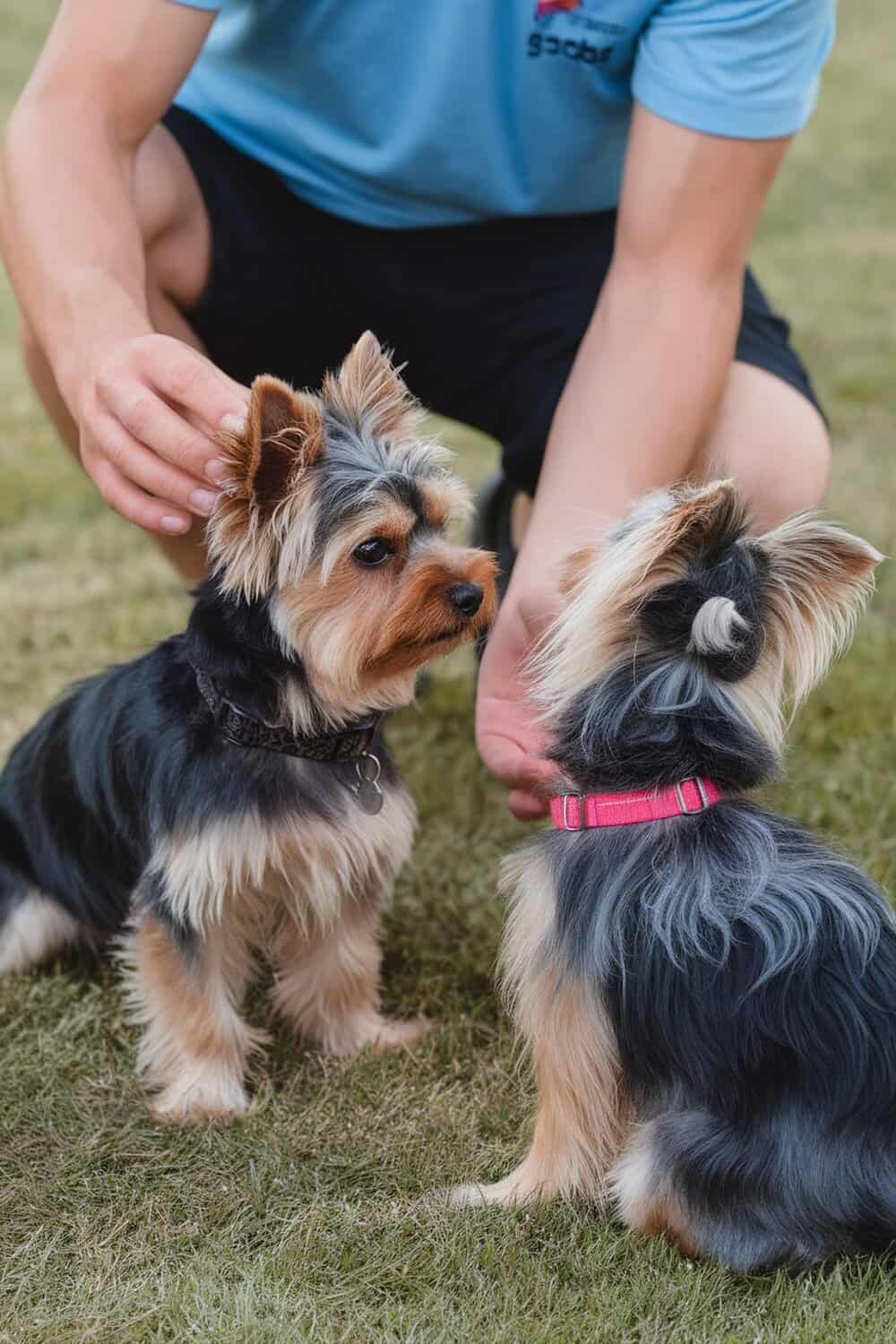A male and female Yorkie being trained by a person.
