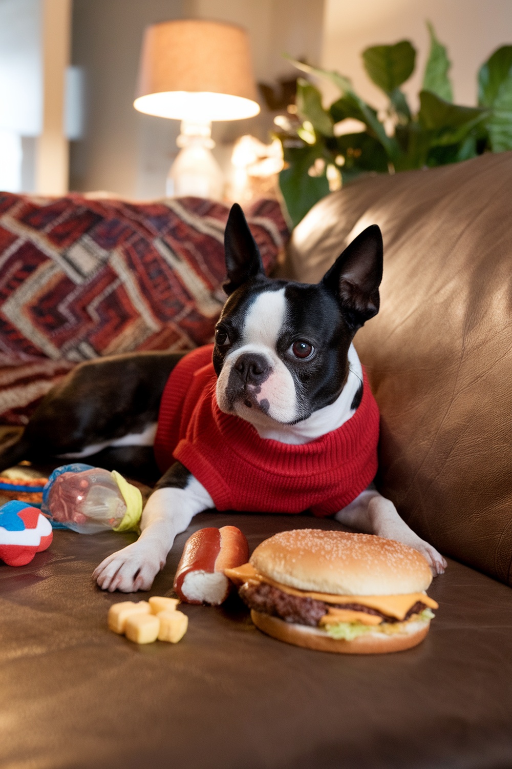 A Boston Terrier in a red sweater lounging on a couch with various snacks around it.