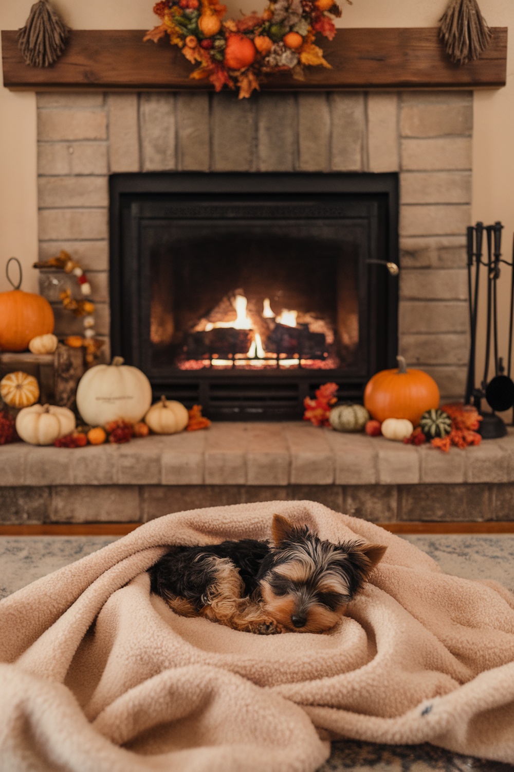 Yorkie Poo puppy sleeping under a blanket by the fireplace with autumn decorations.