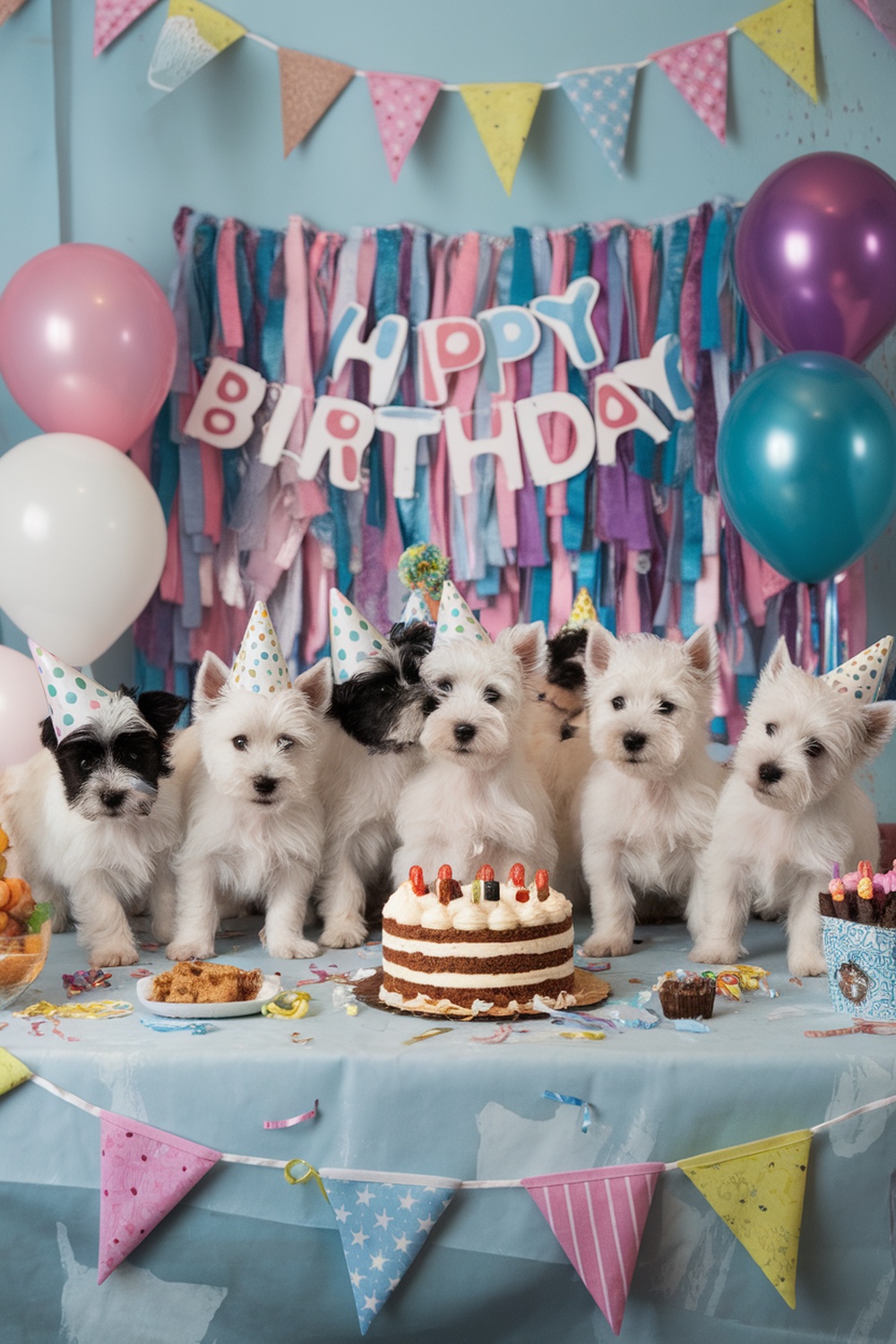 A group of adorable Westie puppies wearing party hats at a birthday party with a cake and decorations.