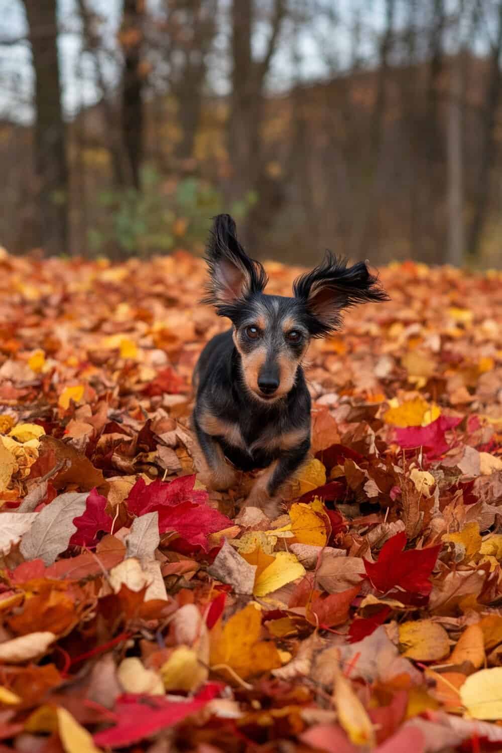 A Dachshund Terrier mix dog playing in colorful autumn leaves.