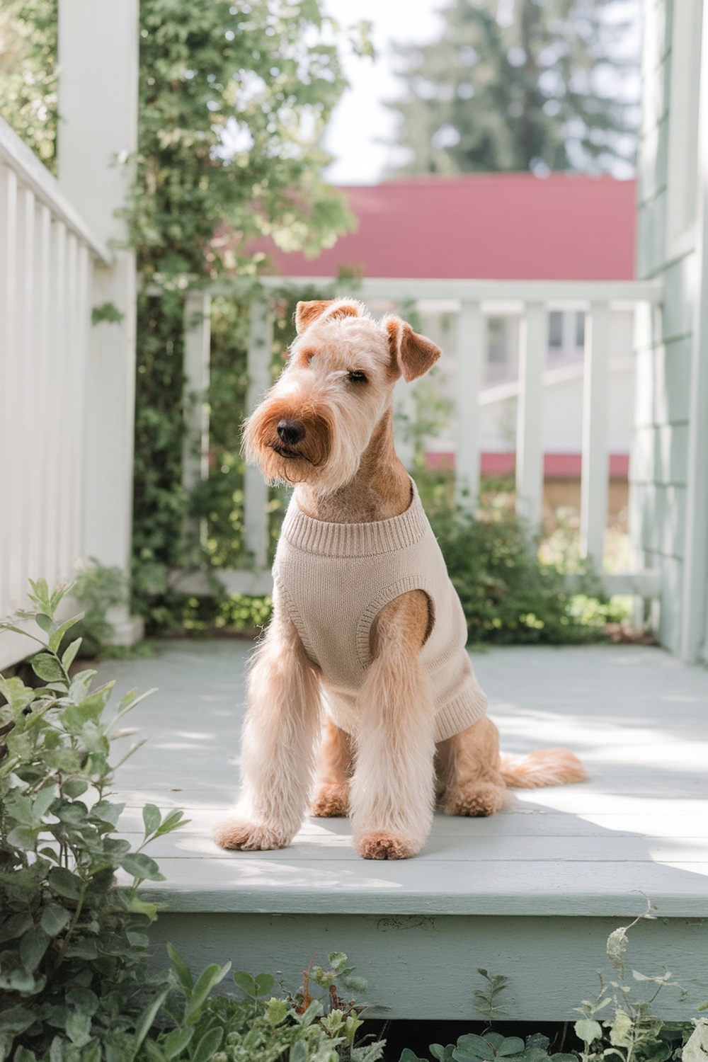 Airedale Terrier sitting on a porch with a classic tailsweep hairstyle.