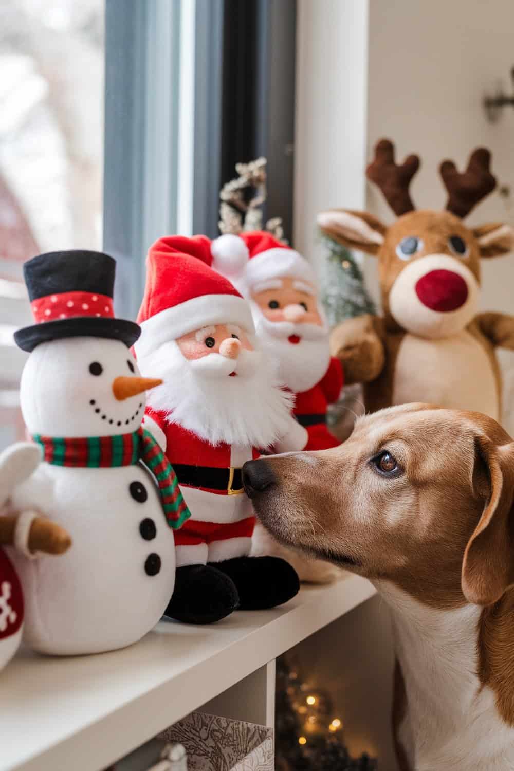 A dog curiously sniffing soft plush holiday figurines including Santa, a snowman, and a reindeer.