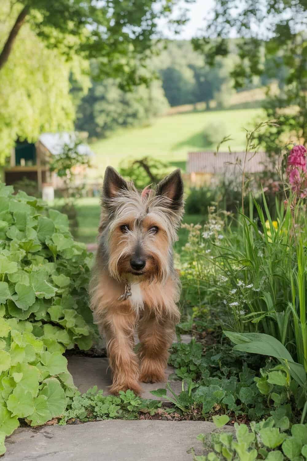A cute Irish Terrier mix dog walking through a garden.