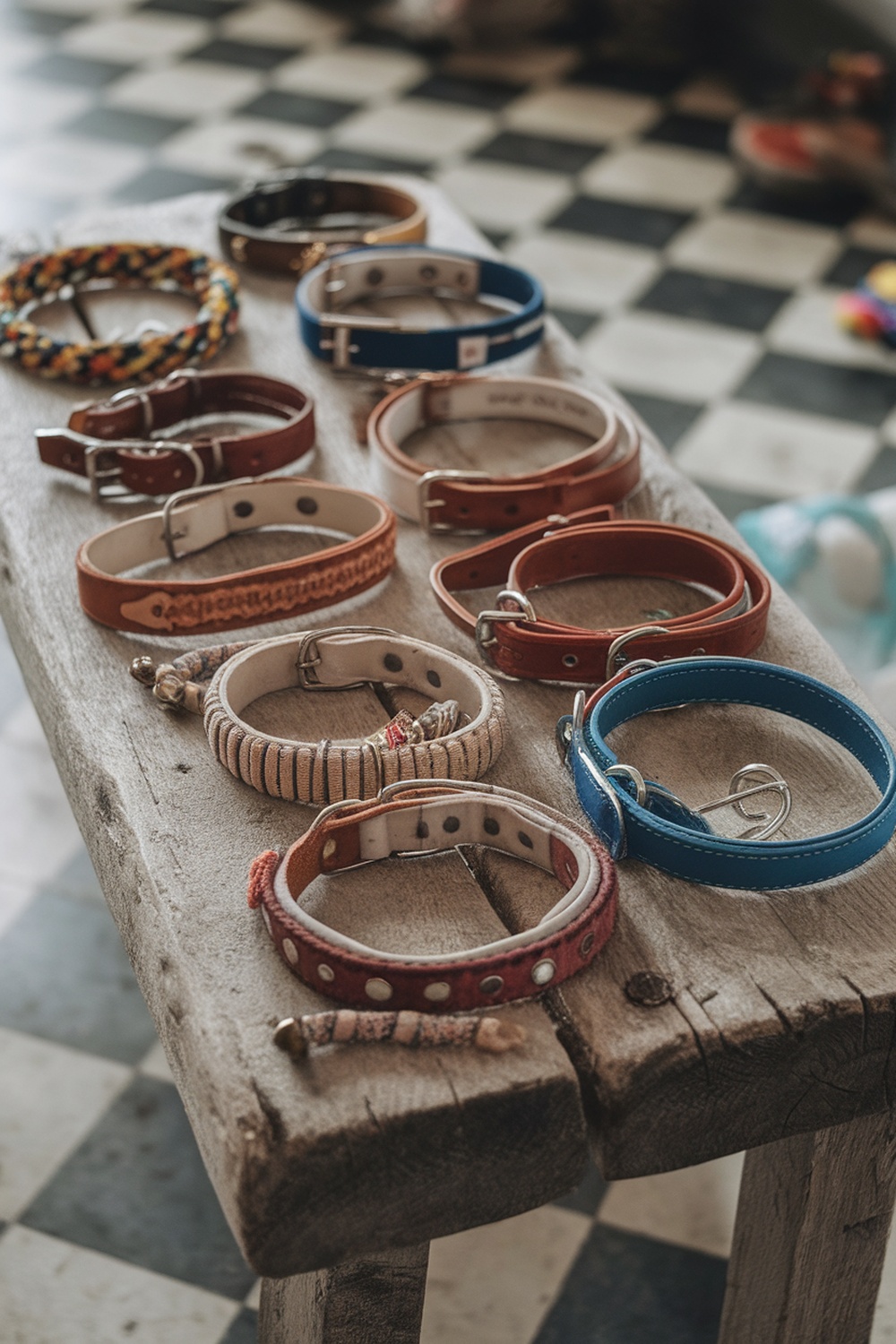 A variety of unique dog collars displayed on a wooden table.