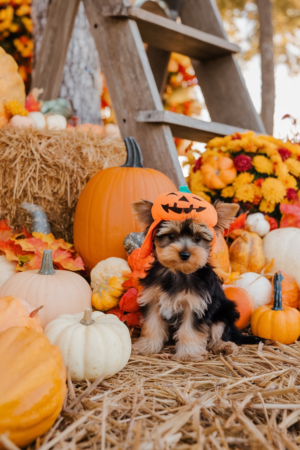 A Yorkie Poo puppy wearing a pumpkin hat, surrounded by pumpkins and autumn leaves.