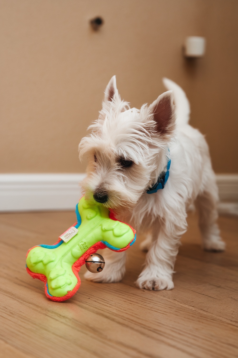 A Westie puppy playing with a colorful bone-shaped toy.