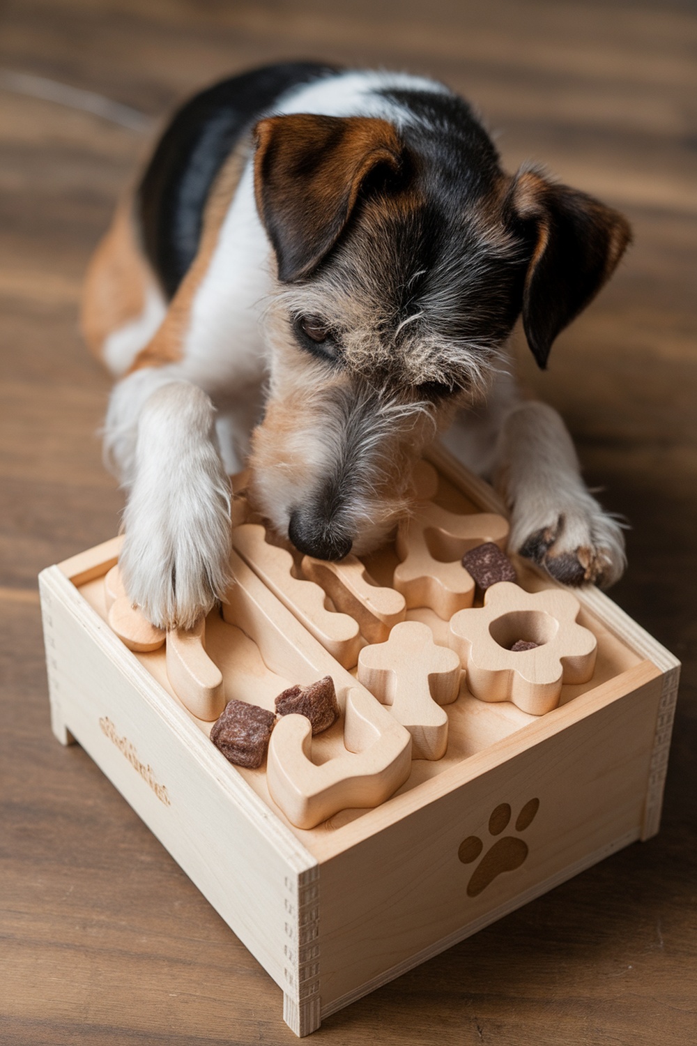 A terrier dog engaging with an interactive puzzle toy, trying to retrieve treats.
