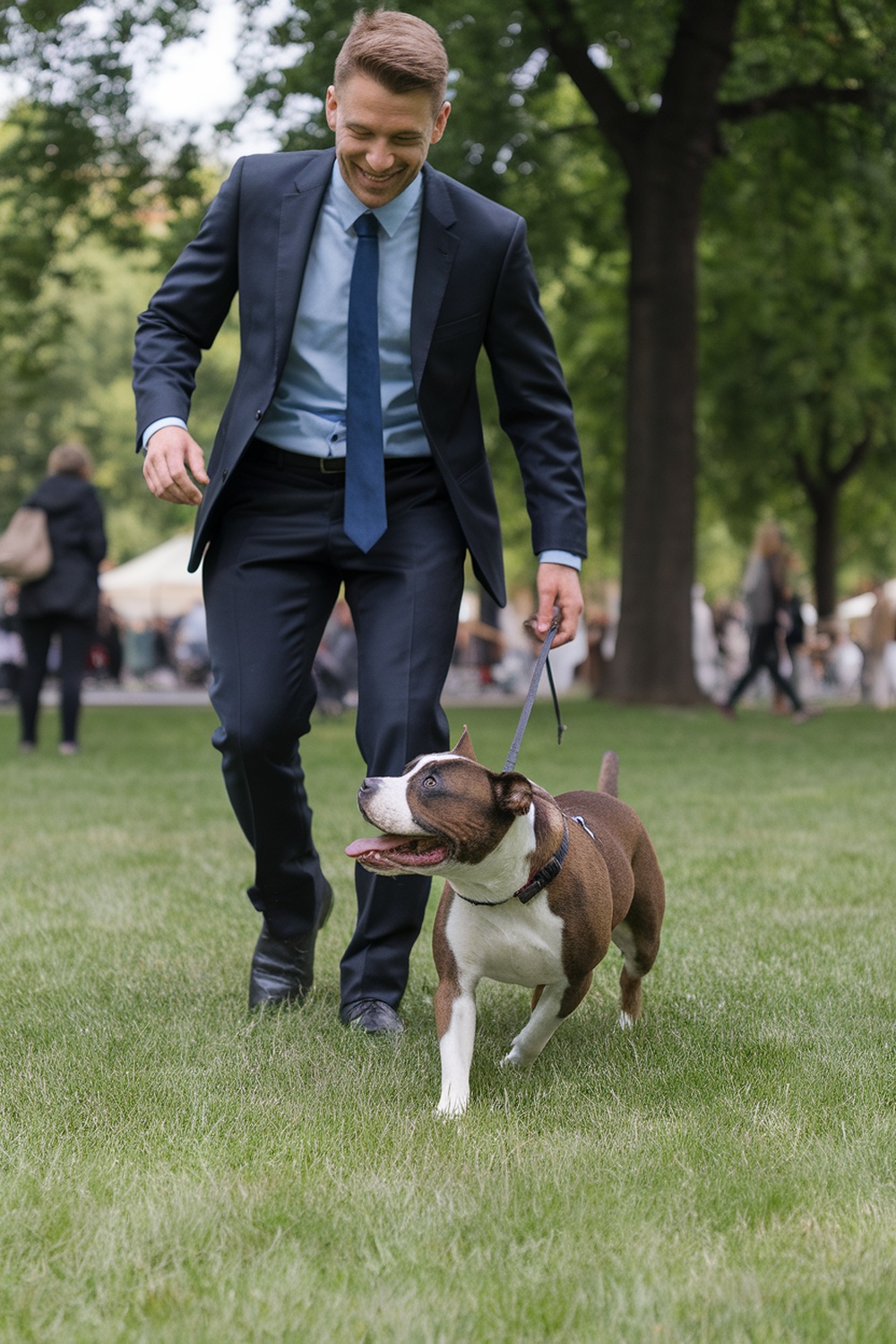 A man in a suit happily walking his Staffordshire Bull Terrier in a park.