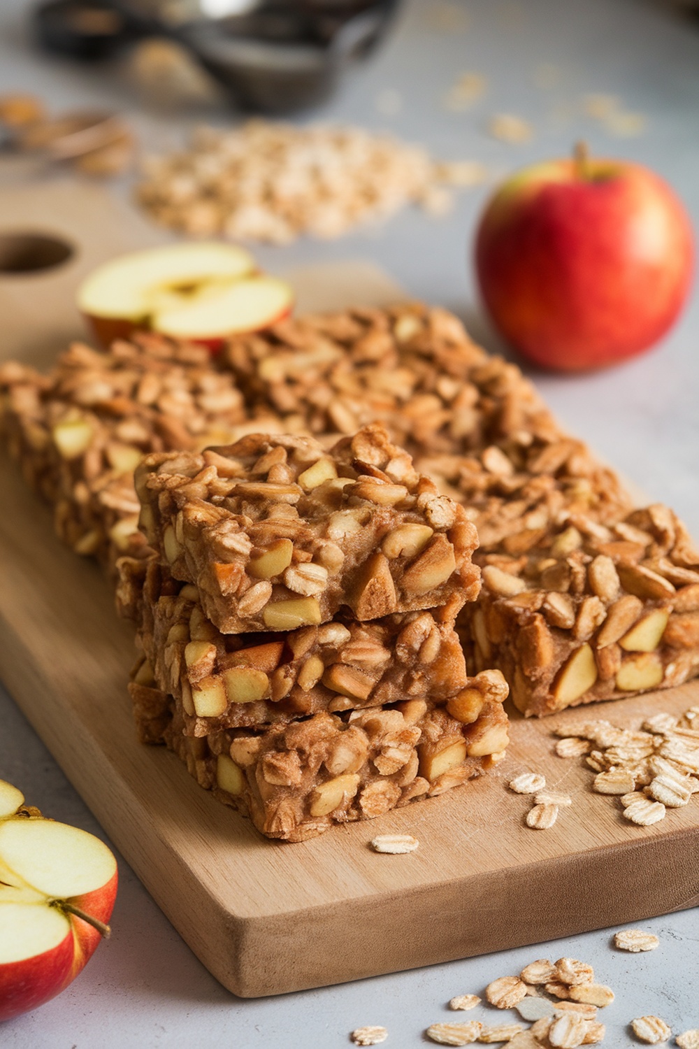 Homemade apple and oat bars for dogs, stacked on a wooden board with fresh apples and oats.
