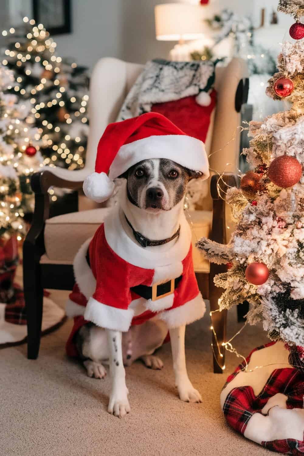 A dog dressed in a Santa costume sitting next to a decorated Christmas tree.