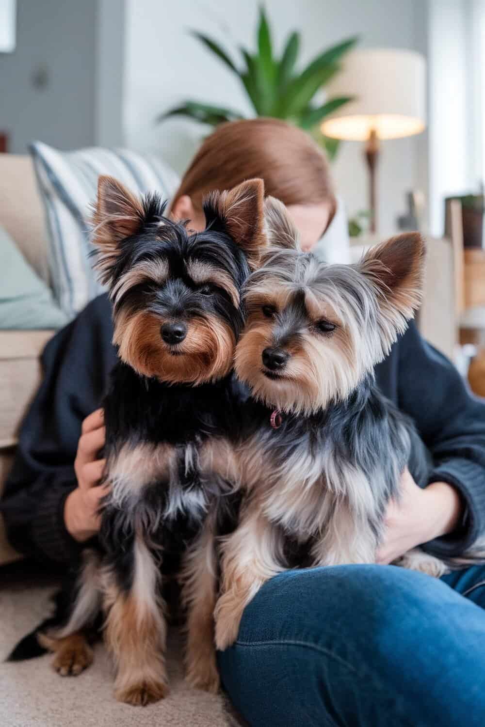 Two Yorkies sitting together, showcasing their affectionate nature.