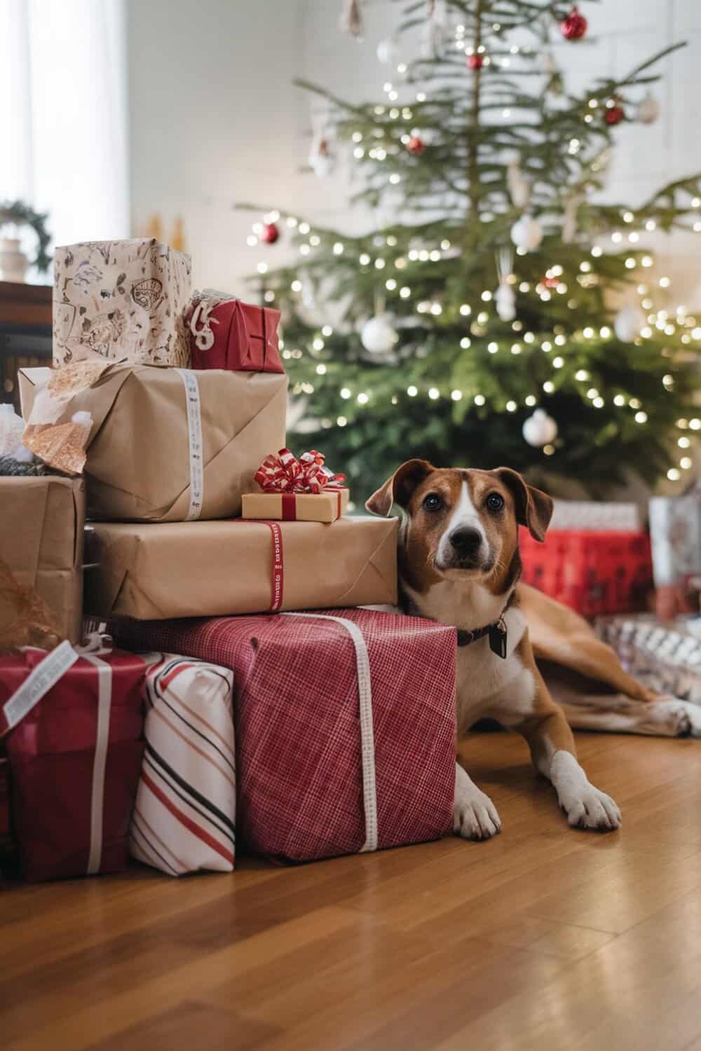 A dog lying beside beautifully wrapped Christmas presents under a decorated tree.