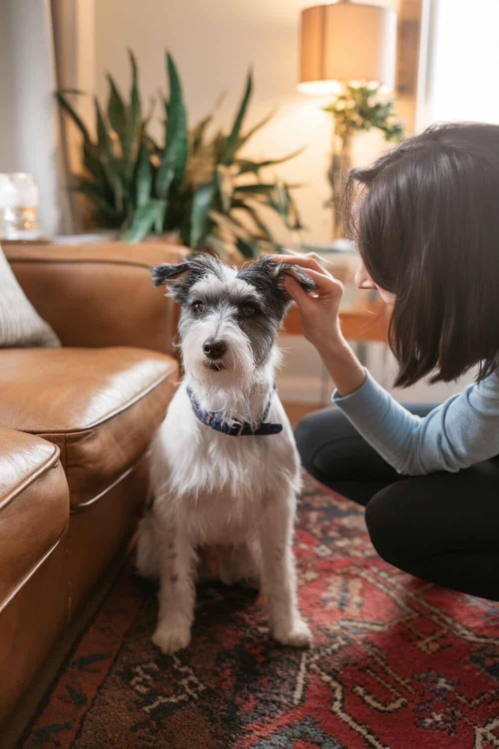 A person gently petting a terrier mix dog in a cozy living room.